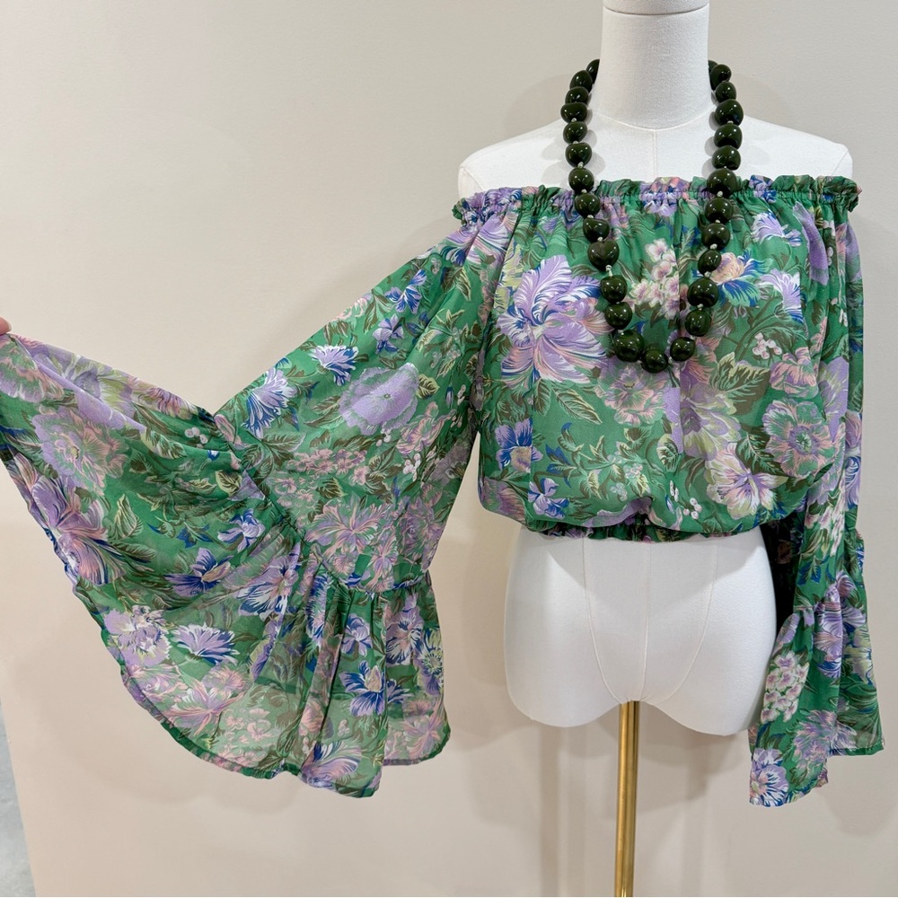 Olivaceous Green Floral Ruffle Bell Sleeves Boho Bardot Off-Shoulder Crop Top S